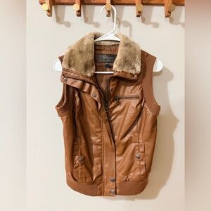 Tan Faux Leather Vest with Fur Collar